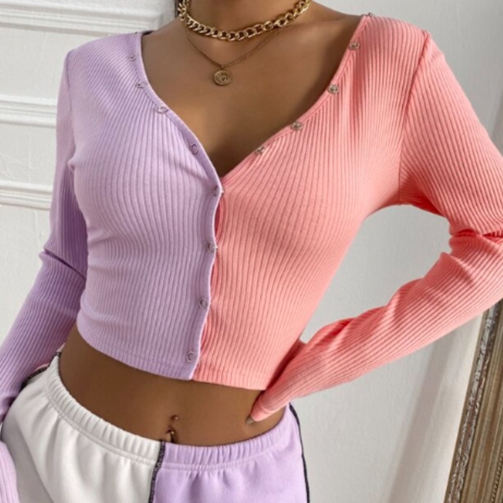 Shein Long Sleeve Pink & Purple Button Up Top